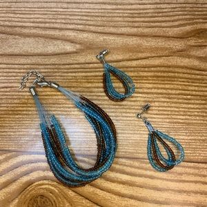 Seed Bead Bracelet and Matching Earrings Turquoise and Brown